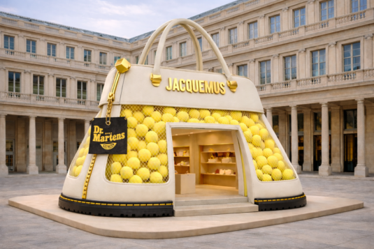 PoP-up Jacquemus x Dr. Martens : structure géante en forme de sac de sport tissé, installée au Palais-Royal pour révéler la collaboration inspirée du tennis.