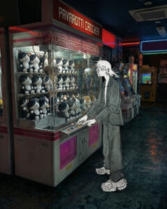 Campagne Camperlab SS26 mêlant illustration et décor numérique, avec silhouettes en costumes trompe-l’œil et ambiance urbaine brute et imparfaite.