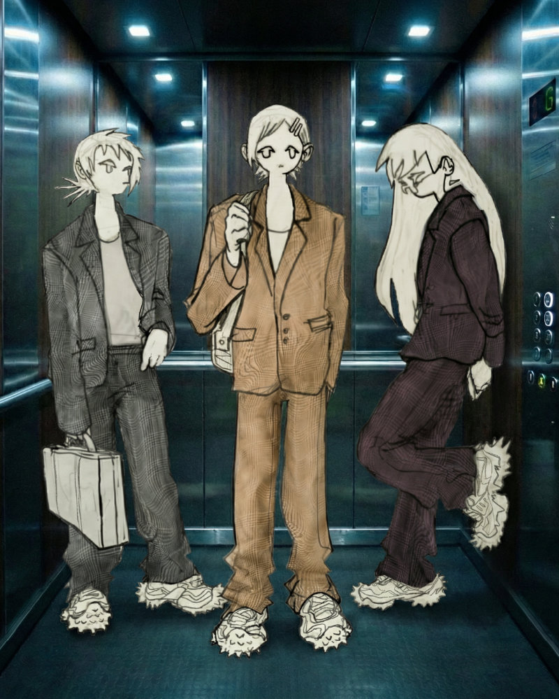 Visuel de la campagne Camperlab SS26 montrant des personnages stylisés dans un décor urbain brut, portant des costumes denim trompe-l’œil et des sneakers Tornado.