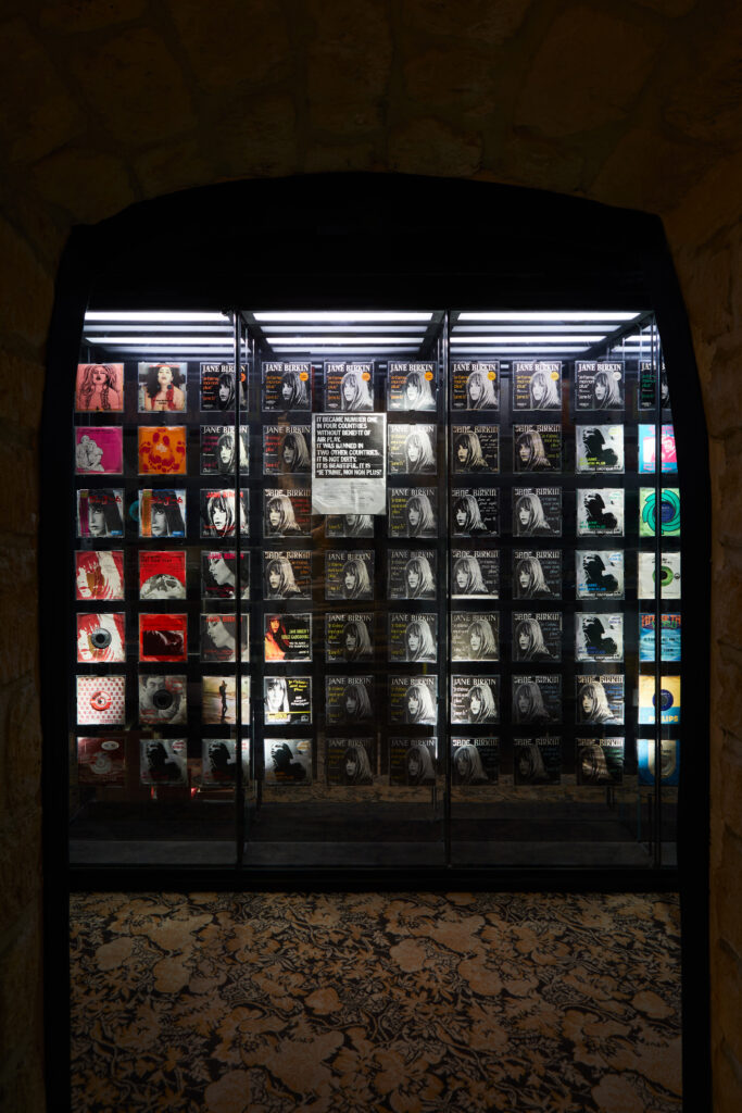 Glass-front display filled with Jane Birkin album covers in a grid, set in a stone archway.
