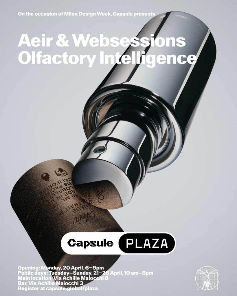 Event poster for Capsule Plaza during Milan Design Week, showing a close-up of a metallic capsule and bold title text: 'Aer & Websessions Olfactory Intelligence'.