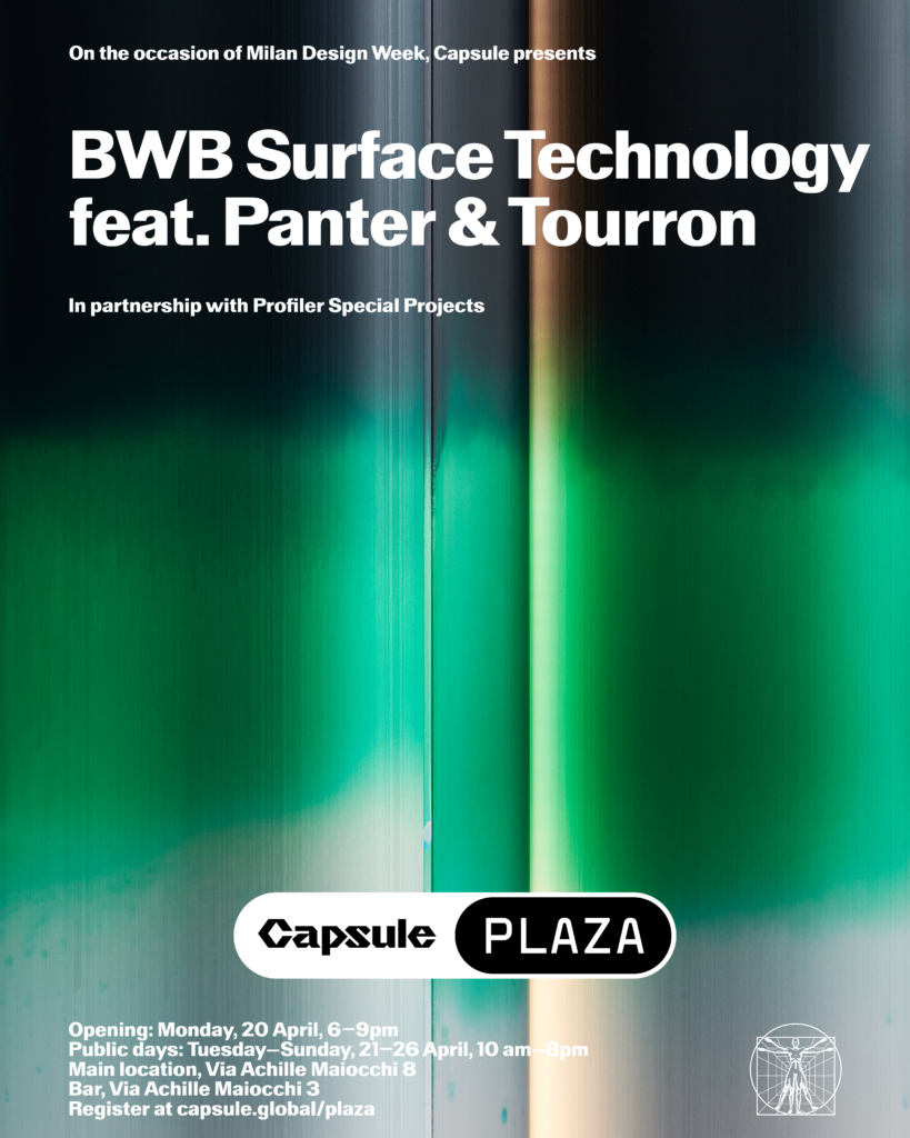 Event poster for Capsule Plaza: 'BWB Surface Technology feat. Panter & Tourron' with opening details and venue info at Capsule Plaza (text-heavy poster).