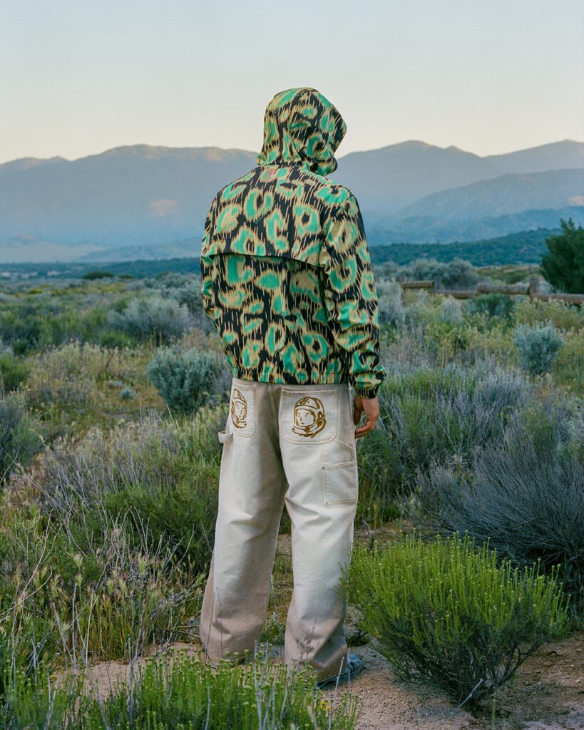 Person with a teal and black leopard-print hoodie seen from behind, standing in a scrubby field with mountains in the distance.