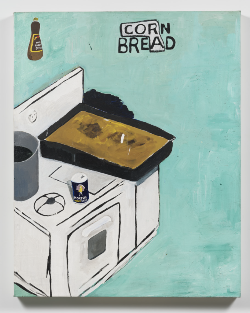 Abstract painting of a white stove with a brown baking tray on top, a Morton salt container, and a turquoise wall with 'CORN BREAD' text in the corner.