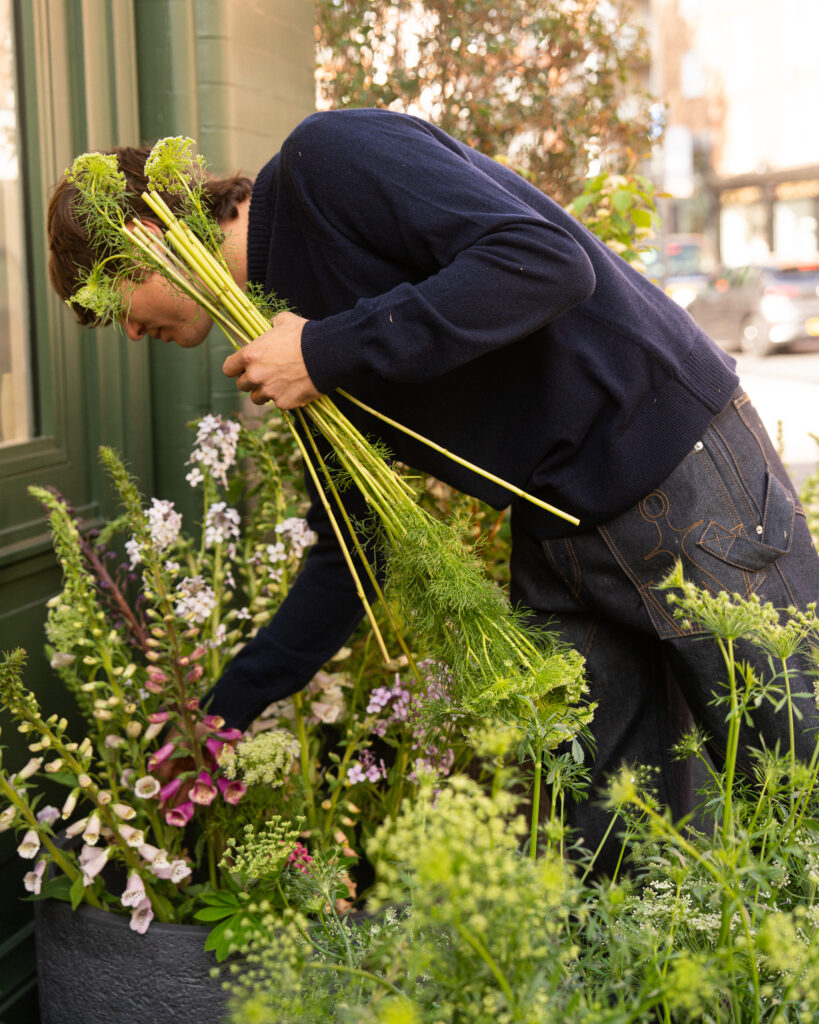 Person in a dark blue sweater bends over a storefront planter, holding a bouquet of long green stems and pink flowers.