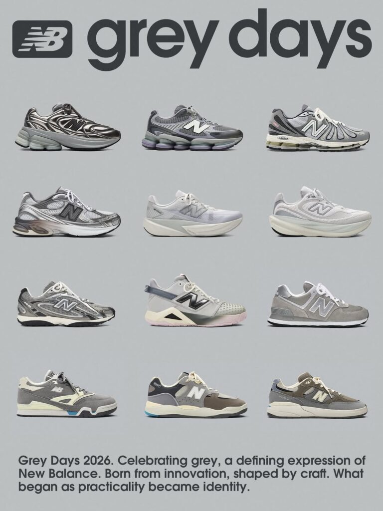 Détail d’une sneaker New Balance grise mettant en avant les matières techniques et l’esthétique running contemporaine.