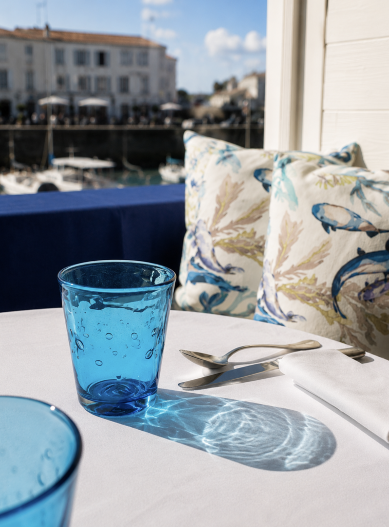 Blue glass of water on a white table with silverware; patterned cushion and a blurred harbor scene in the background at le restaurant George's Île de Ré