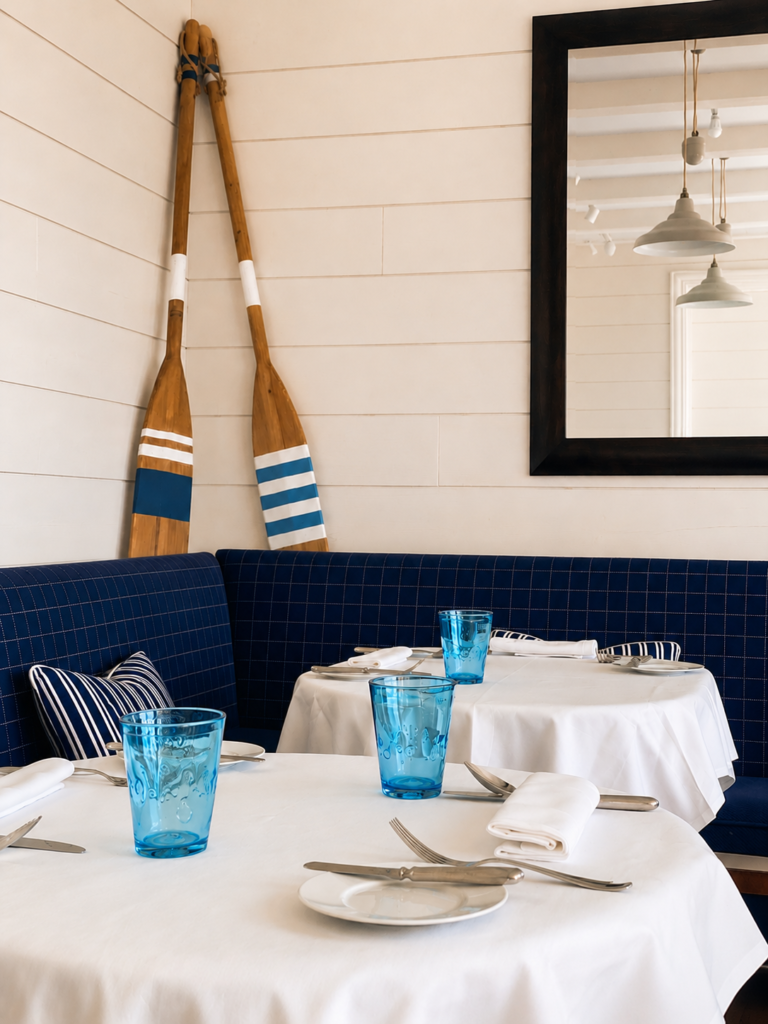 Cozy restaurant booth with navy check upholstery, white tablecloths, blue glasses, and silverware set for a meal; oars hanging on the wall nearby at le restaurant George's Île de Ré