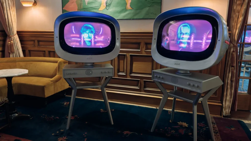 Two retro TV-like androids with purple screens on metal stands facing each other in a wood-paneled lounge.
