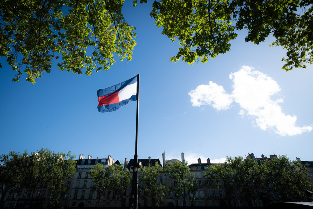 French flag on a tall lamppost against a bright blue sky, framed by green tree branches in an urban square