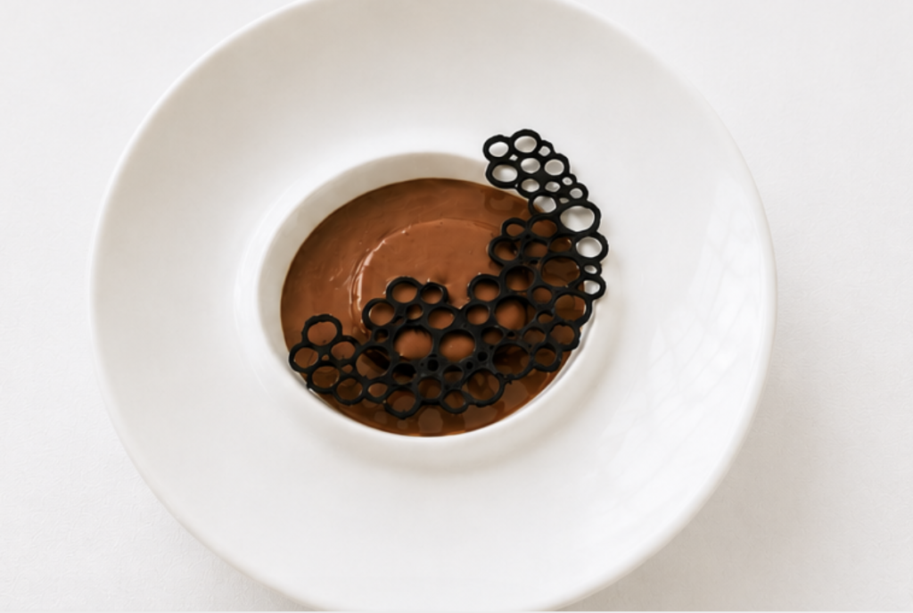 Délice chocolaté du Toiras présenté dans une assiette graphique aux lignes épurées. Une création tout en finesse où les textures soyeuses du chocolat prolongent l'expérience gustative imaginée par le chef Ronan Fillatre au George's.